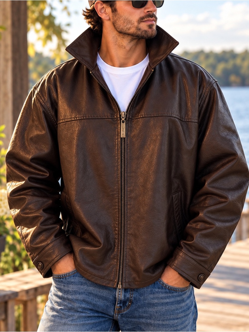 U.S.A. Leather Men’s XL Brown Leather Jacket Plush Lined Full Zip Vintage Style